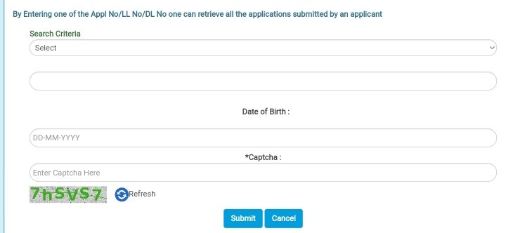 search criteria- DL no, select, dob select, submit