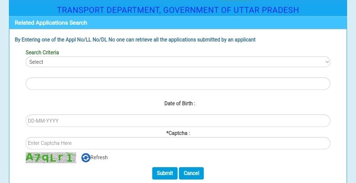 related applications search- dl no. date of birth, submit