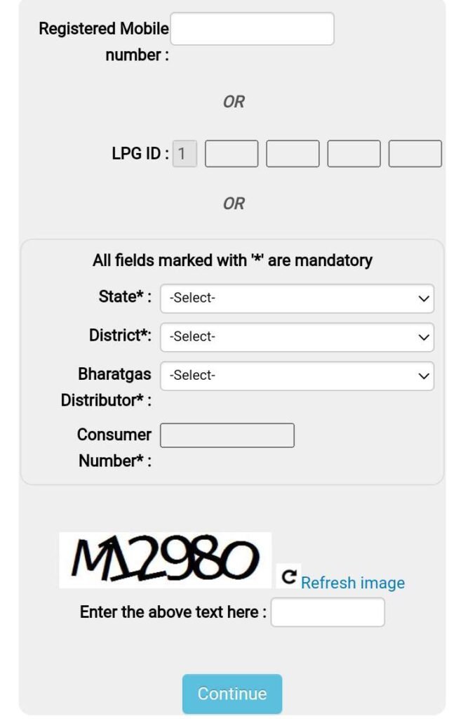 registered mobile number, lpg id, all flield marked with are mandatory 