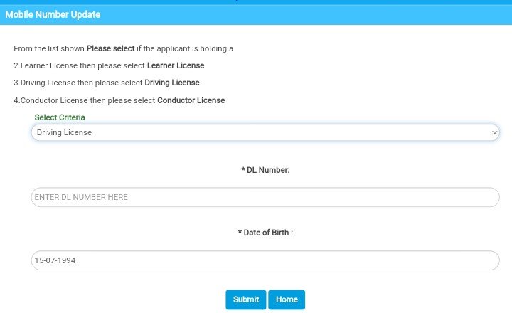 select criteria- DL number, Date of Birth